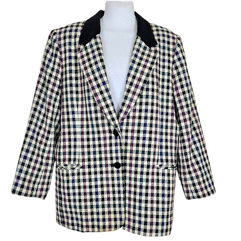 Vintage Requirements Wool Blend Plaid Velvet Trim Blazer Jacket Size 12 - Picture 2 of 9